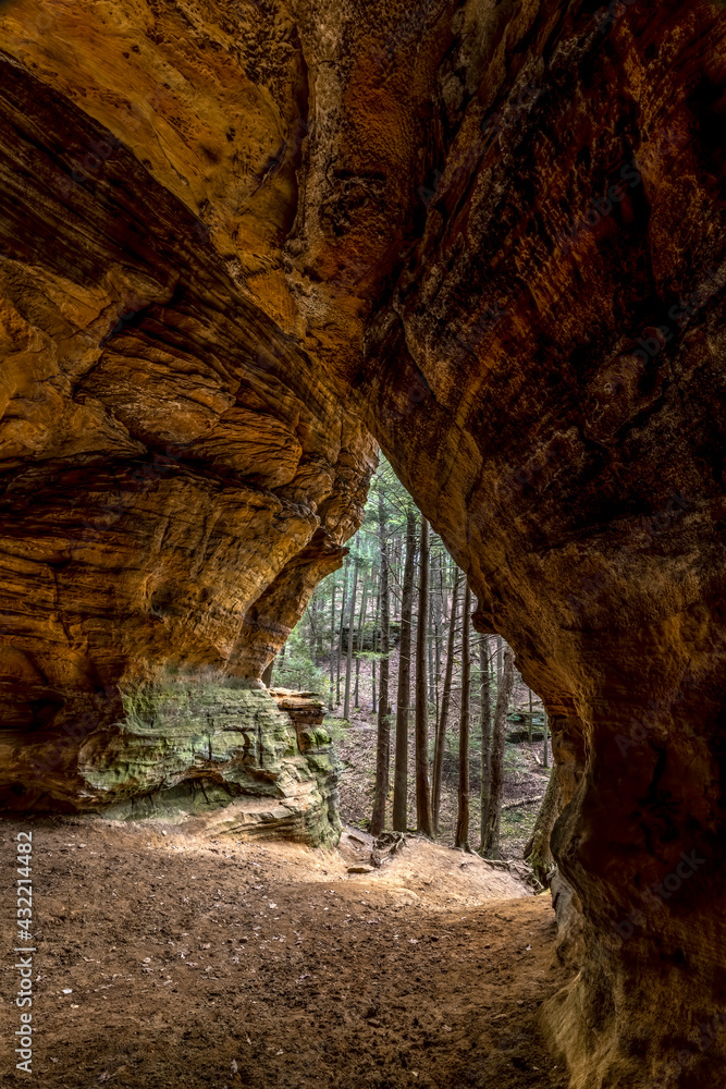 An Ohio wood is seen from Chapel Cave, also known as 21 Horse Cave, is a large recess cavern with sandstone walls in Hocking Hills State Park.