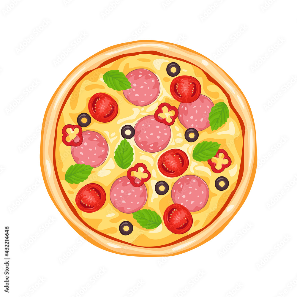 Pizza with cheese, sausage and tomatoes isolated on a white background. Vector illustration of fresh food in cartoon flat style. Pizza with cheese, sausage and tomatoes isolated on a white background. Vector illustration of fresh food in cartoon flat style.