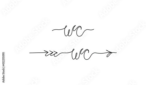 Continuous line drawing text with an arrow - WC. Sign showing direction. Minimalist vector lettering isolated on white background for banner, poster, signpost.