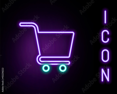 Glowing neon line Shopping cart icon isolated on black background. Online buying concept. Delivery service sign. Supermarket basket symbol. Colorful outline concept. Vector