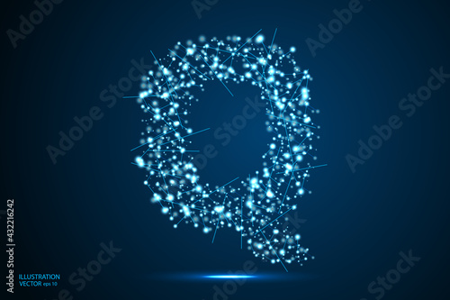 Abstract letters font is made up of triangles, lines, dots and connections. On a dark blue background, stars of the cosmic universe, meteorites, galaxies. Vector illustration eps 10.