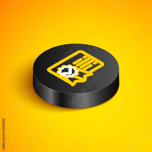 Isometric line Certificate template line icon isolated on yellow background. Achievement  award  degree  grant  diploma. Business success certificate. Black circle button. Vector