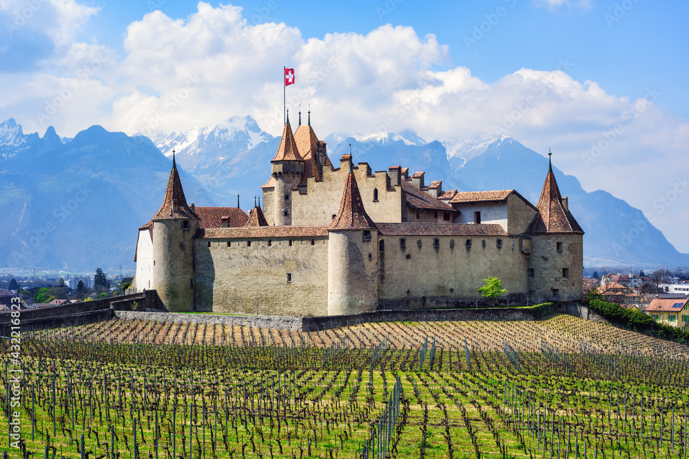 Aigle castle in swiss Alps mountains, Switzerland - obrazy, fototapety, plakaty 