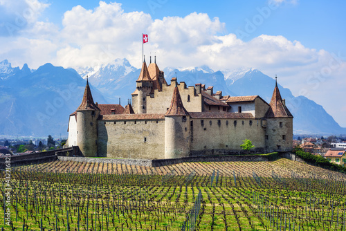Aigle castle in swiss Alps mountains, Switzerland