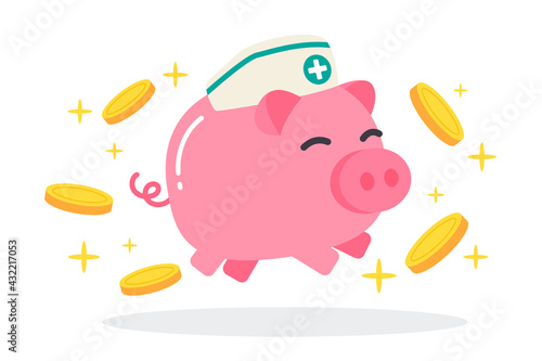 Pink piggy bank wears a nurse cap with floating golden coins. The creative concept of saving money for health care or medical insurance. Simple trendy cute cartoon vector flat style illustration.