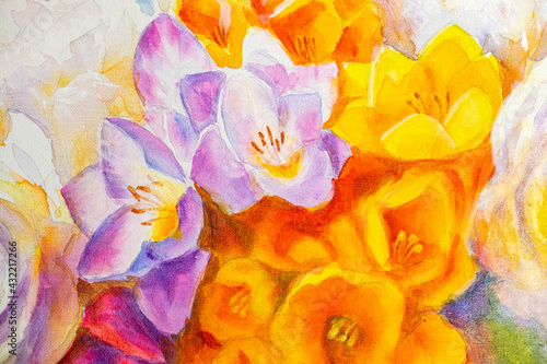 Blooming spring Bouquet of flowers painted on canvas