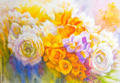 Blooming spring Bouquet of flowers painted on canvas