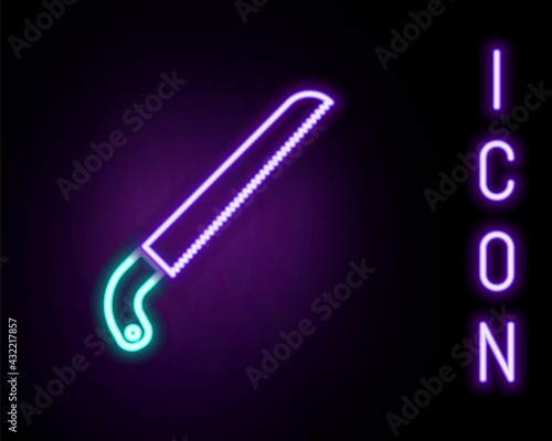 Glowing neon line Garden saw icon isolated on black background. Colorful outline concept. Vector