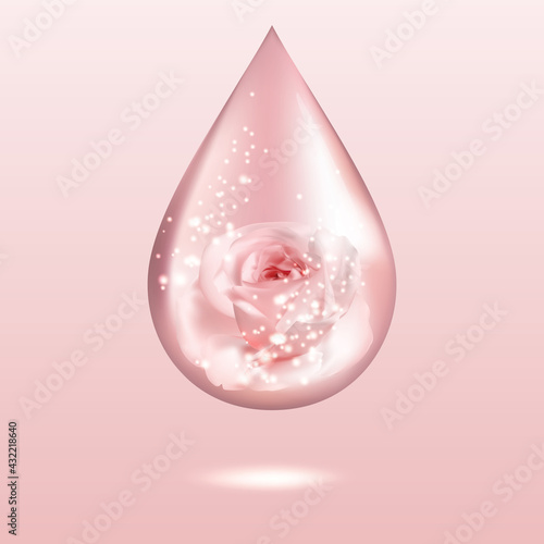 Pink rose oil drop with lights, glares and shadows. Shiny perfume water dew. Aromatherapy sign. Vector illustration.