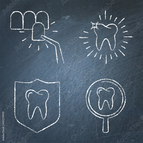 Teeth whitening and protection icon set on chalkboard