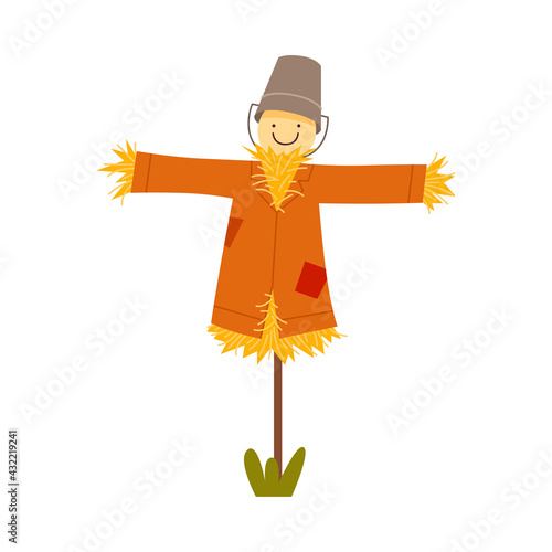 Straw Scarecrow Wearing Patched Coat and Bucket Vector Illustration