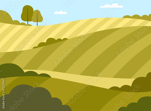 Country View with Sown Field and Pasture Land as Green Landscape Vector Illustration