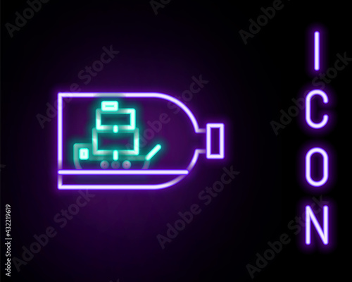 Glowing neon line Glass bottle with ship inside icon isolated on black background. Miniature model of marine vessel. Hobby and sea theme. Colorful outline concept. Vector