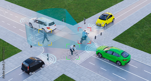 Autonomous electric cars with artificial intelligence self driving on metropolis road, 3d rendering