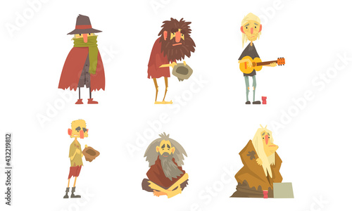 Homeless Bearded Man Characters in Rags Living on the Streets Looking Shabby and Hungry Vector Set