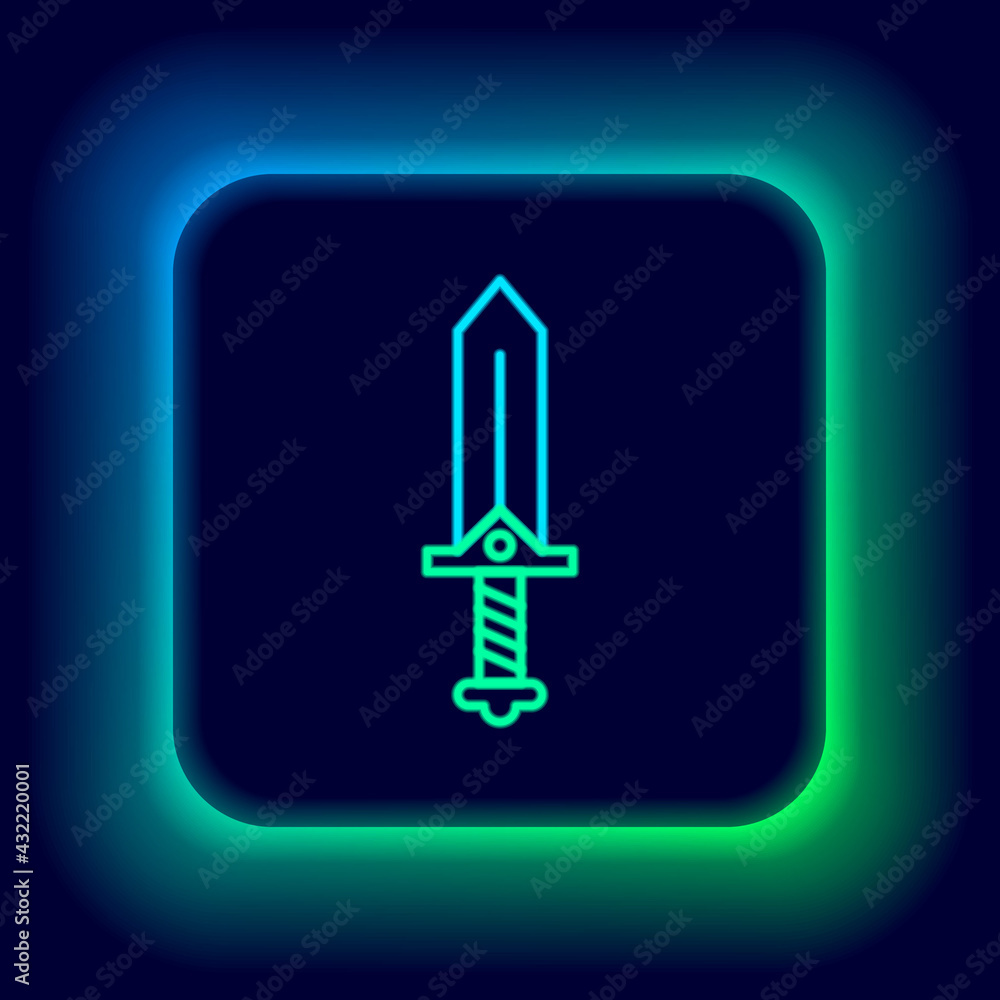 Obraz premium Glowing neon line Sword for game icon isolated on black background. Colorful outline concept. Vector