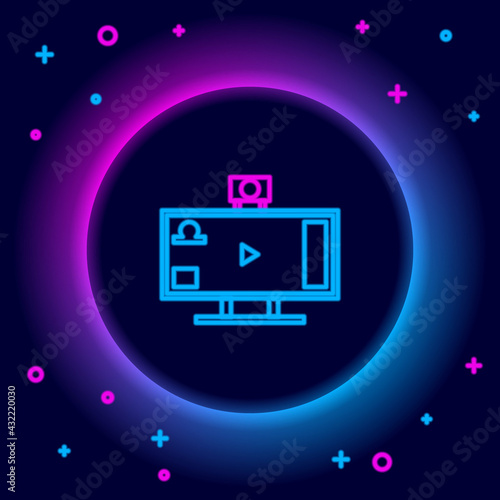 Glowing neon line Live streaming online videogame play icon isolated on black background. Colorful outline concept. Vector