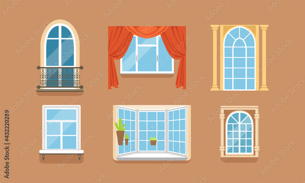 Different Framed Windows on Wall as Building Exterior Element Vector Set Different Framed Windows on Wall as Building Exterior Element Vector Set