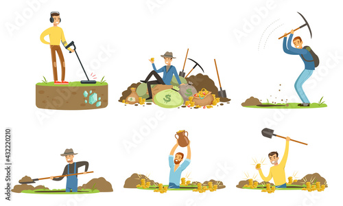 Man Treasure Hunter with Metal Detector and Shovel Digging Hole in Soil Extracting Gold and Gemstones Vector Set