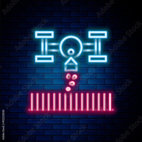 Glowing neon line Smart farm with drone control for seed planting icon isolated on brick wall background. Innovation technology for agricultural company. Colorful outline concept. Vector