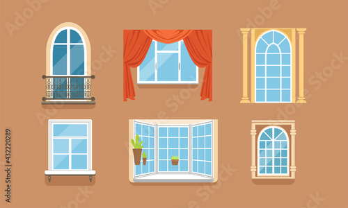 Different Framed Windows on Wall as Building Exterior Element Vector Set