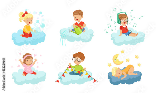 Little Kids on Soft Clouds Sleeping and Listening to Music Vector Set