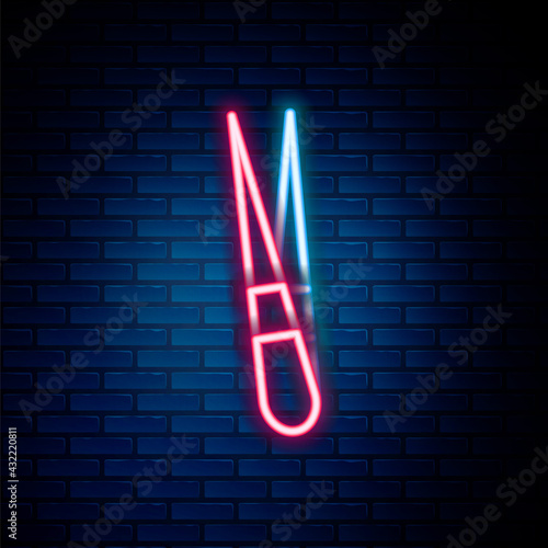 Glowing neon line Eyebrow tweezers icon isolated on brick wall background. Cosmetic tweezers for ingrown hair. Colorful outline concept. Vector