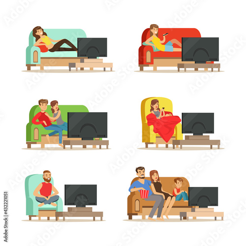 People Characters Lounging on Sofa or in Armchair Watching TV Vector Illustration Set