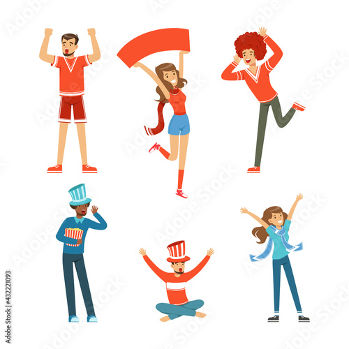 Sport Fans Supporting Teams In Red And Blue Costumes Shouting And Cheering at The Stadium Vector Set