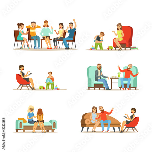 People Characters Talking to Psychologist Engaged in Counseling Psychology Vector Illustration Set