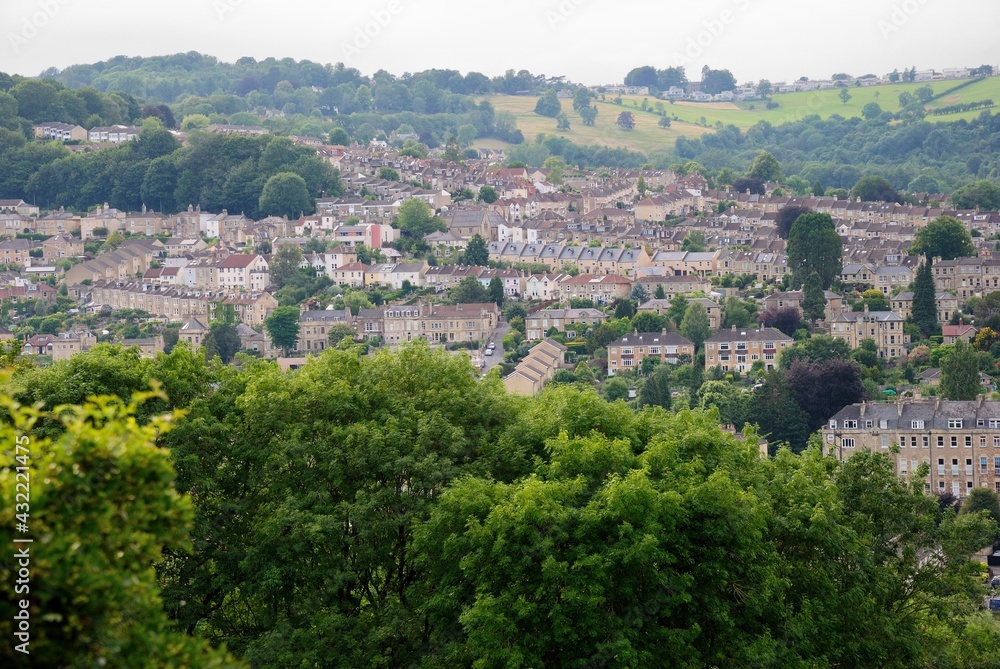 The view over Bath, showing the variety of housing typical of Bath from the Bathampton village and civil parish east of Bath, Somerset, England, United Kingdom