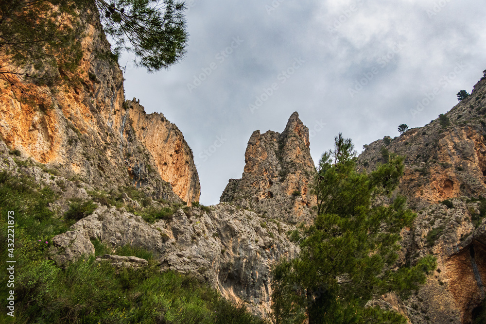 Mountains landscape with picturesque rocky walls, in Barranc del Cinc, in Alcoy, Alicante 