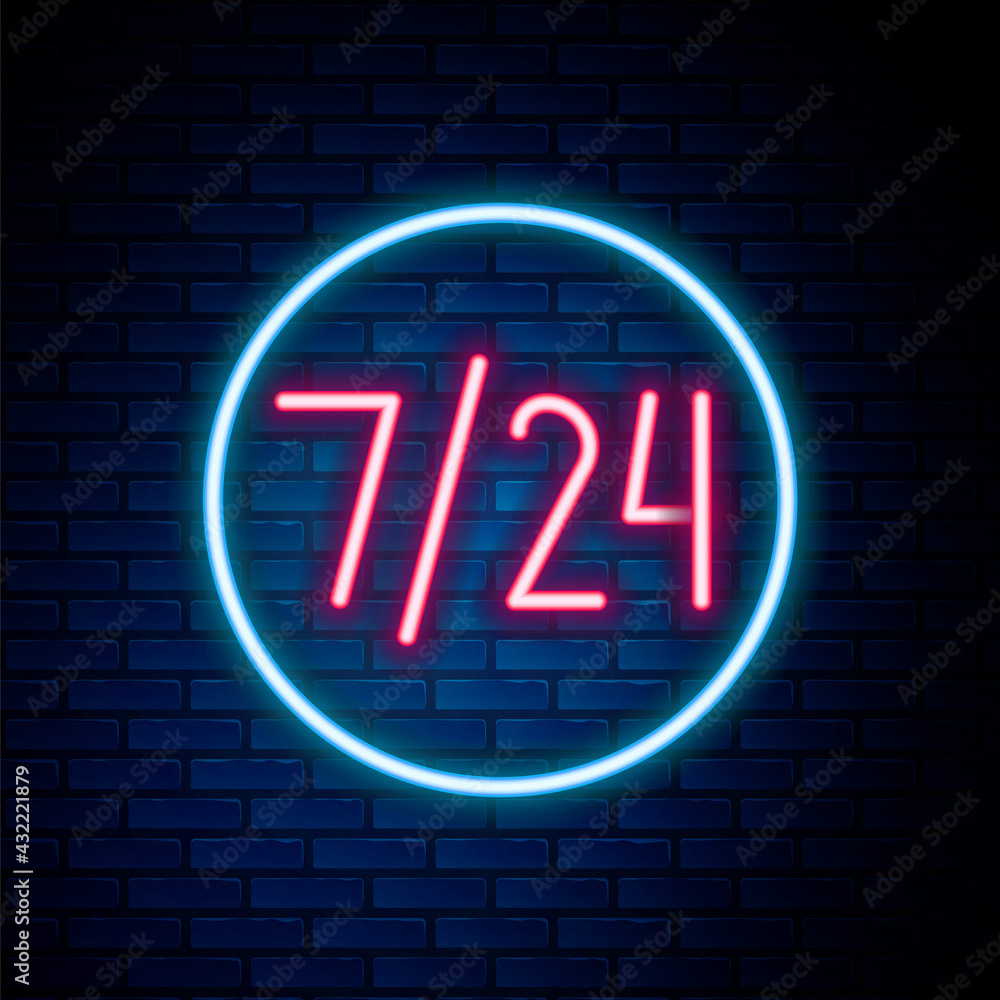 Glowing neon line Clock 24 hours icon isolated on brick wall background. All day cyclic icon. 24 hours service symbol. Colorful outline concept. Vector Glowing neon line Clock 24 hours icon isolated on brick wall background. All day cyclic icon. 24 hours service symbol. Colorful outline concept. Vector