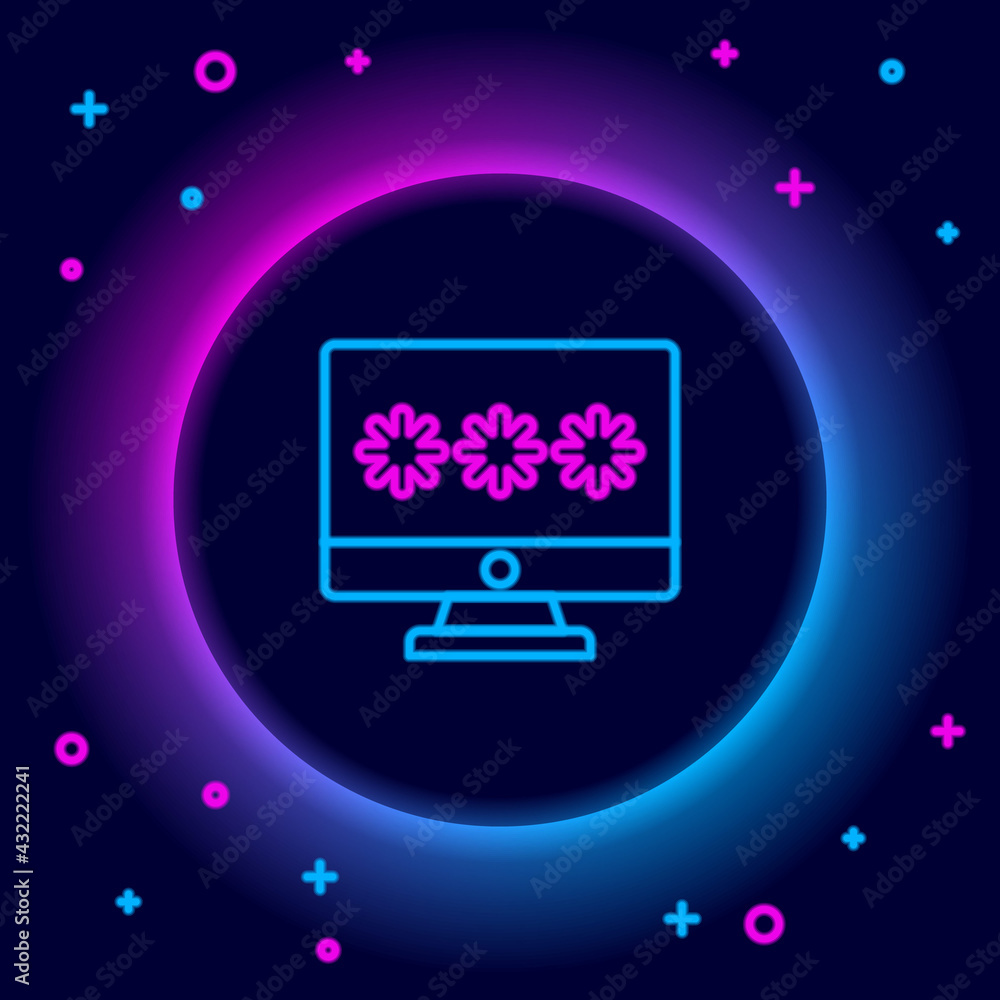 Glowing neon line Monitor with password notification icon isolated on black background. Security, personal access, user authorization, login form. Colorful outline concept. Vector Glowing neon line Monitor with password notification icon isolated on black background. Security, personal access, user authorization, login form. Colorful outline concept. Vector
