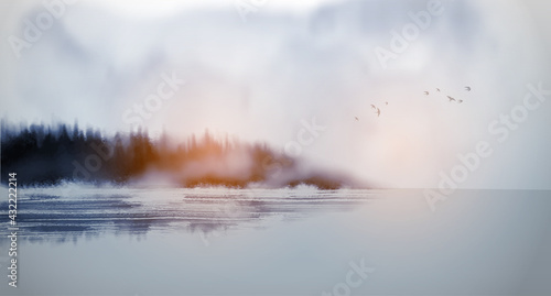 Misty island with forest trees reflecting in water. Traditional oriental ink painting sumi-e, u-sin, go-hua.