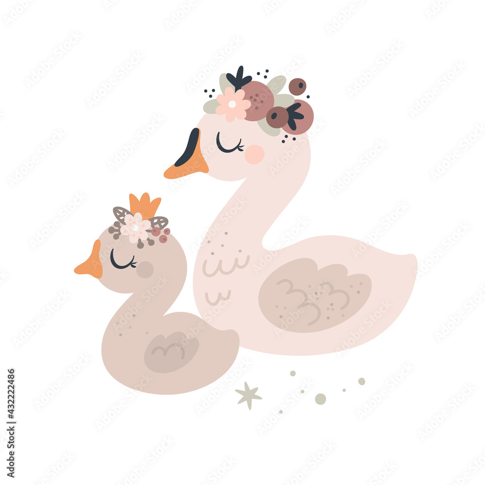 Cute swans birds. Mom and baby animal family. Baby animals clipart. Cartoon  vector illustration for kids. Ideal for cards, poster, prints, anniversary,  nursery clothing Stock Vector | Adobe Stock