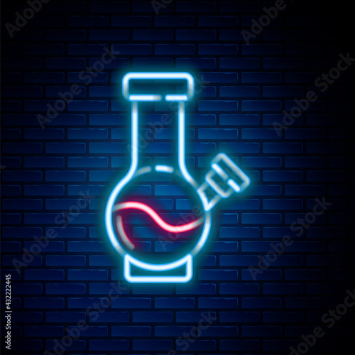 Glowing neon line Glass bong for smoking marijuana or cannabis icon isolated on brick wall background. Colorful outline concept. Vector