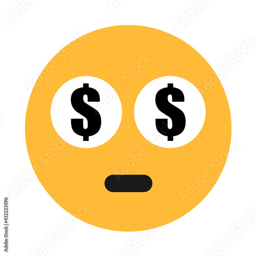 Emoticon and emoji with us dollar in the eyes. Human, man, person, character and being obsessed by money, wealth, property and cash. photo