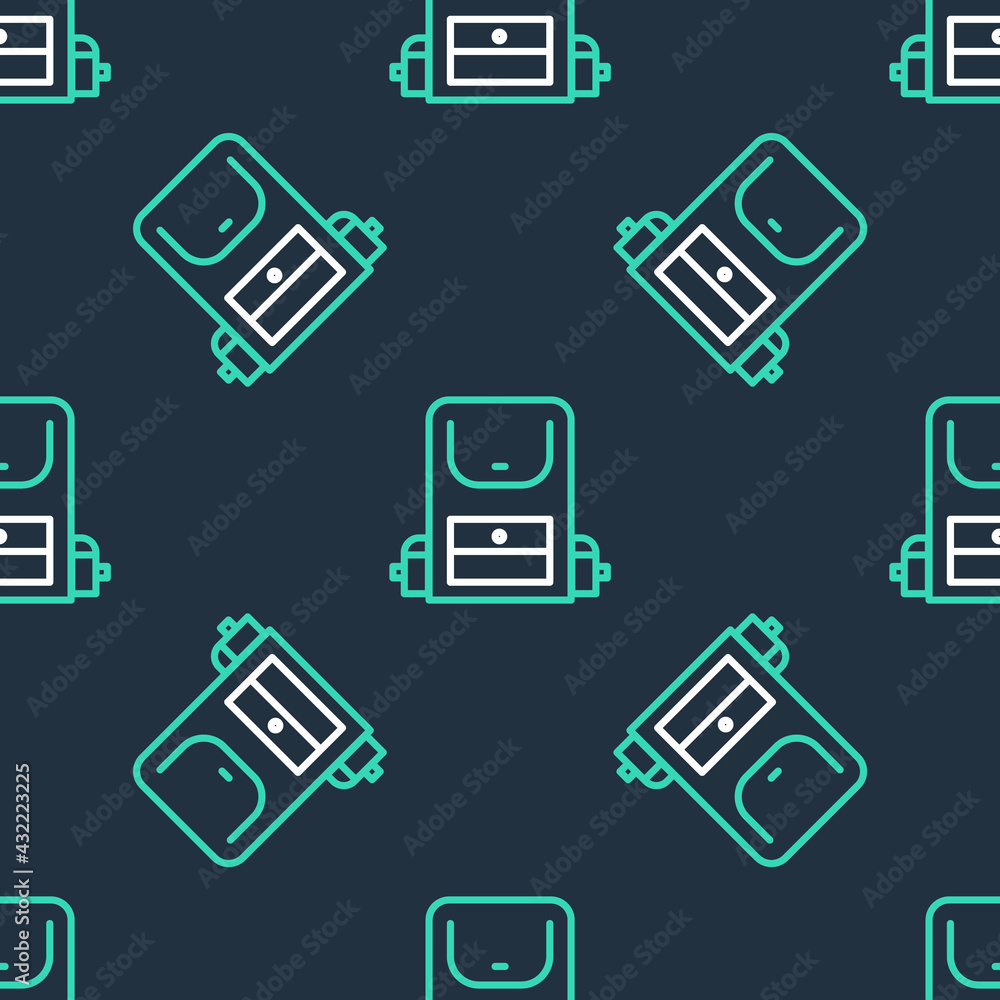 Line Hiking backpack icon isolated seamless pattern on black background. Camping and mountain exploring backpack. Vector Line Hiking backpack icon isolated seamless pattern on black background. Camping and mountain exploring backpack. Vector