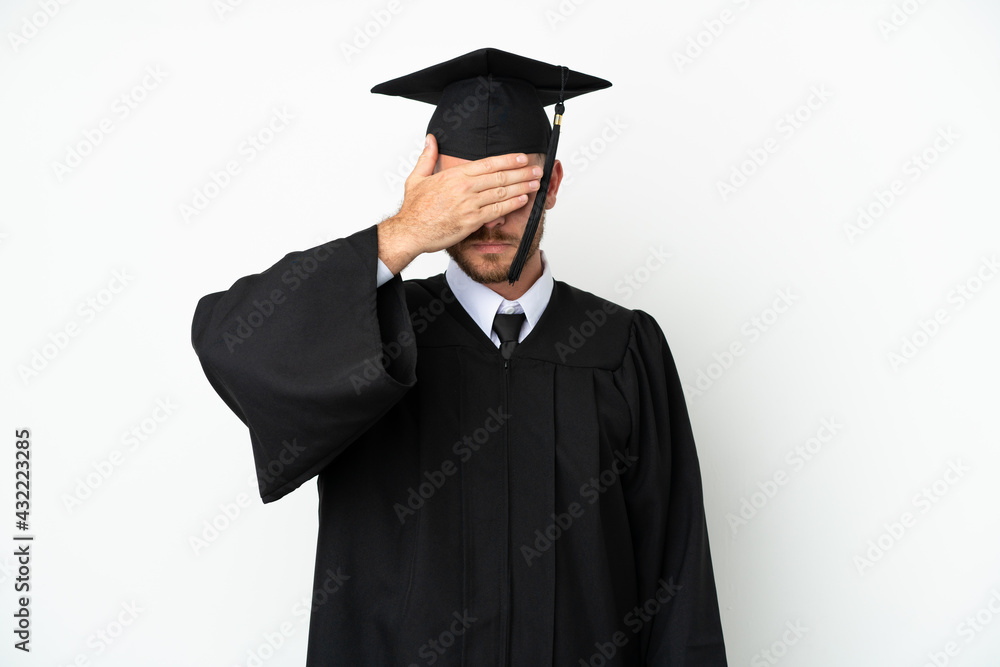 Young university Brazilian graduate isolated on white background covering eyes by hands. Do not want to see something Young university Brazilian graduate isolated on white background covering eyes by hands. Do not want to see something