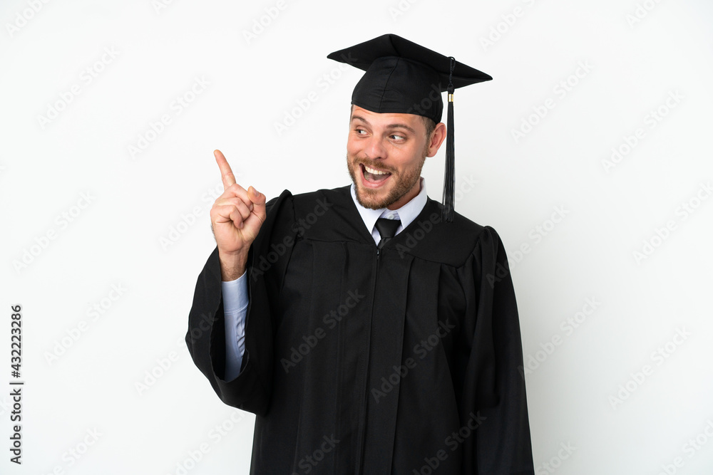 Young university Brazilian graduate isolated on white background intending to realizes the solution while lifting a finger up Young university Brazilian graduate isolated on white background intending to realizes the solution while lifting a finger up
