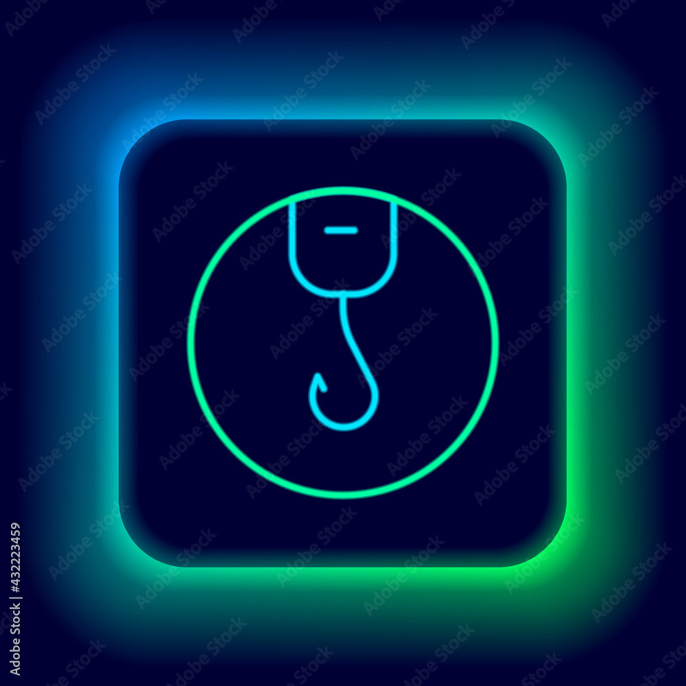 Glowing neon line Fishing hook icon isolated on black background. Fishing tackle. Colorful outline concept. Vector Glowing neon line Fishing hook icon isolated on black background. Fishing tackle. Colorful outline concept. Vector