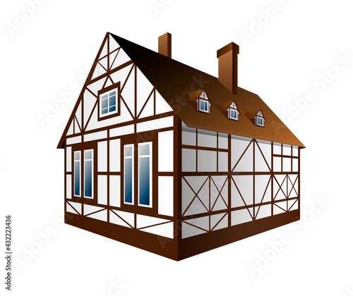 Vector illustration of typical half-timbered house in perspective. Isolated ancient building.