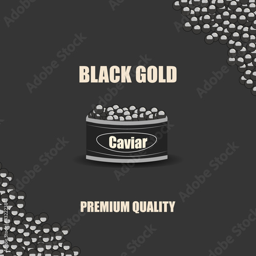 Beluga caviar. A real Russian national delicacy. Salted black caviar in an iron jar. Seafood. Vector illustration. Small eggs are scattered on the table. EPS