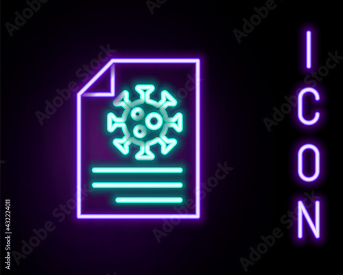Glowing neon line Medical clipboard with blood test results icon isolated on black background. Clinical record, medical check marks report. Colorful outline concept. Vector