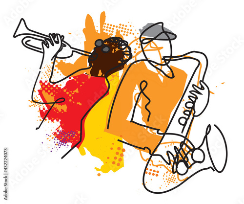
Jazz theme with trumpet player and saxophonist.
Expressive Illustration of two jazz musicians,  continuous line drawing design. Vector available.
