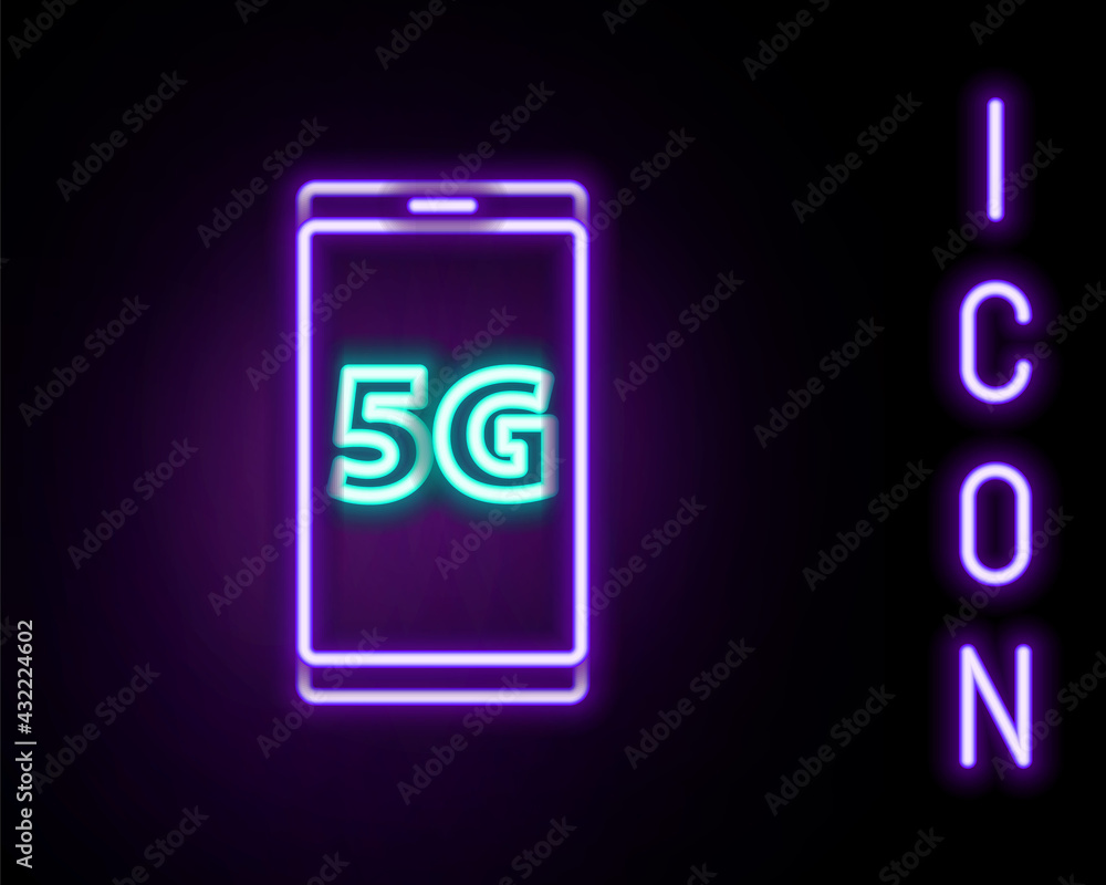 Glowing neon line Mobile with 5G new wireless internet wifi icon isolated on black background. Global network high speed connection data rate technology. Colorful outline concept. Vector Glowing neon line Mobile with 5G new wireless internet wifi icon isolated on black background. Global network high speed connection data rate technology. Colorful outline concept. Vector