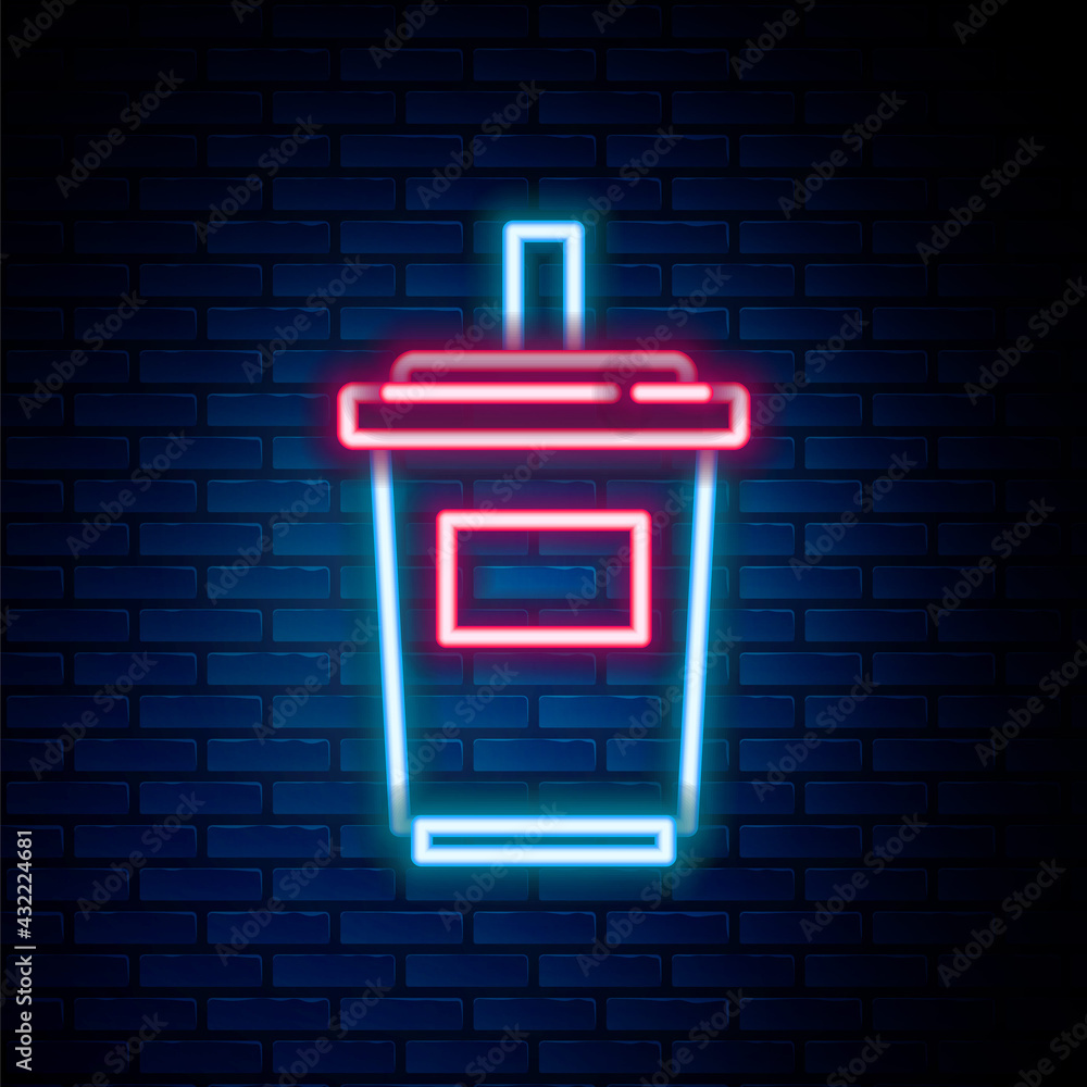 Glowing neon line Paper glass with drinking straw and water icon isolated on brick wall background. Soda drink glass. Fresh cold beverage symbol. Colorful outline concept. Vector