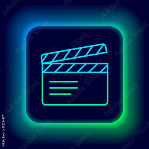 Glowing neon line Movie clapper icon isolated on black background. Film clapper board. Clapperboard sign. Cinema production or media industry. Colorful outline concept. Vector
