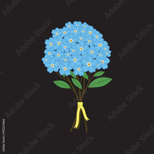 Vector bouquet of blue flowers isolated on dark background.